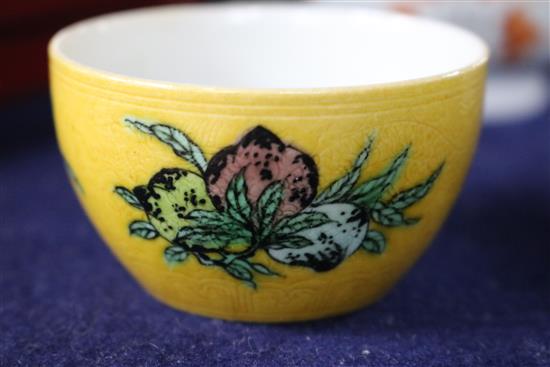 Three Chinese enamelled porcelain tea bowls and a Henan type bowl